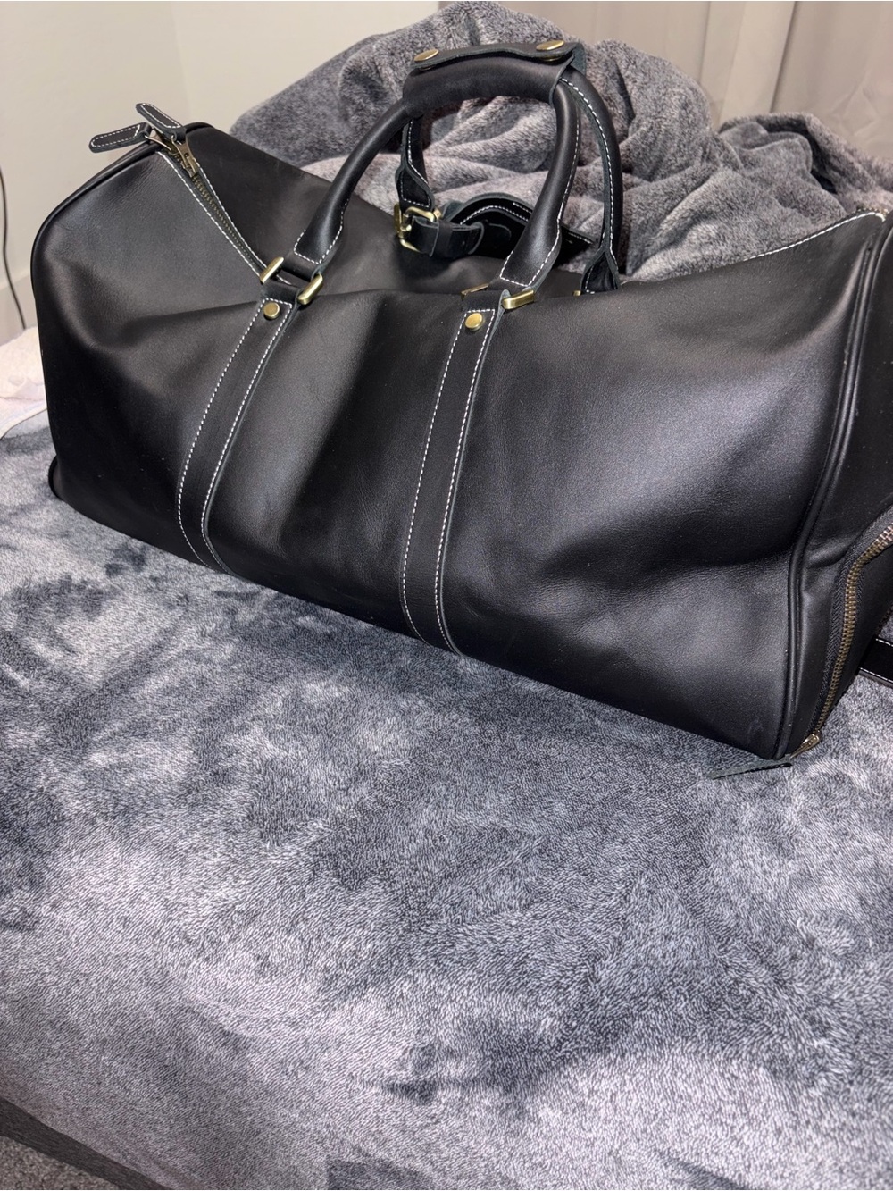 Mens Black Genuine Leather Overnight Duffel Bag Weekender Travel Carry-On 22” - Picture 8 of 13